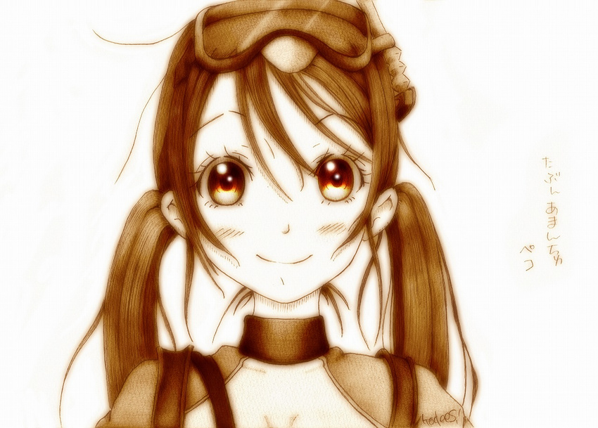 amanchu! artist_name blush closed_mouth collar commentary_request godees goggles goggles_on_head graphite_(medium) hair_between_eyes long_hair looking_at_viewer monochrome ooki_futaba portrait sepia simple_background smile snorkel solo traditional_media translation_request twintails white_background