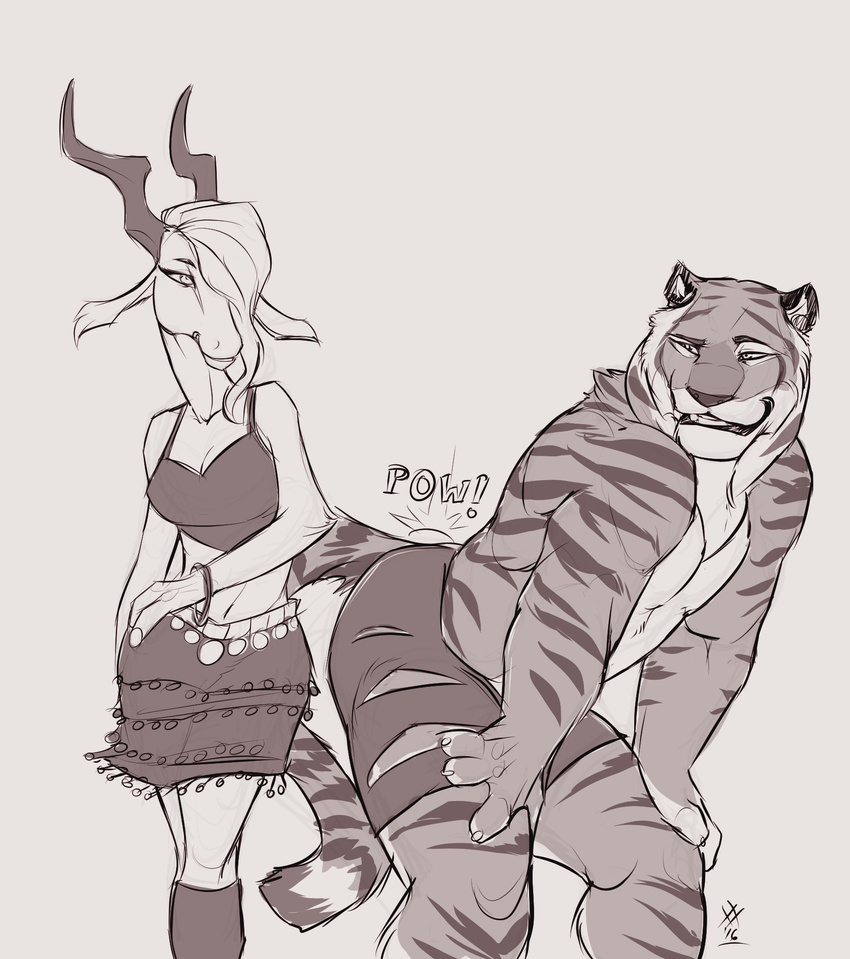 2016 antelope anthro antlers claws clothed clothing disney domination duo feline female female_domination fur gazelle gazelle_(zootopia) hair hi_res horn male mammal monochrome muscular onomatopoeia predator/prey rrowdybeast shorts signature simple_background skirt smile sound_effects standing stripes stripper_tiger_(zootopia) teeth tiger topless zootopia zootopia_shorts