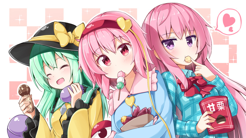:d ^_^ alternate_hair_length alternate_hairstyle blush bow bowtie checkered checkered_background closed_eyes commentary_request dango eating eggplant elbow_gloves eyeball food food_in_mouth frilled_shirt_collar frills gloves green_hair hat hat_bow hata_no_kokoro heart holding holding_food komeiji_koishi komeiji_satori long_hair long_sleeves looking_at_viewer multiple_girls mushroom ominaeshi_(takenoko) open_mouth pink_eyes pink_hair plaid plaid_scarf purple_eyes red_bow red_neckwear scarf short_hair siblings sisters smile spoken_heart sweet_potato third_eye touhou upper_body wagashi wide_sleeves yakiimo yellow_bow