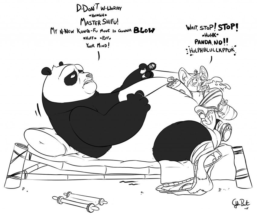 2015 bear bed belly black_and_white bound clothing cum cum_inflation dreamworks forced inflation ink kung_fu_panda large_genitals mammal master_shifu monochrome orgasm overweight panda paws penis po red_panda robe rough_(disambiguation) sex size_difference starfig