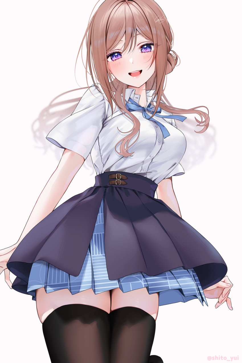 1girl black_thighhighs blue_overskirt blue_ribbon blue_skirt breasts brown_hair commentary_request fingernails gakuen_idolmaster hair_bun hatsuboshi_gakuen_school_uniform highres himesaki_rinami idolmaster long_hair looking_at_viewer medium_breasts neck_ribbon purple_eyes ribbon school_uniform shirt shirt_tucked_in short_sleeves simple_background single_side_bun skindentation skirt solo thighhighs twitter_username very_long_hair white_background white_shirt yuuyu_(moco20111115) zettai_ryouiki