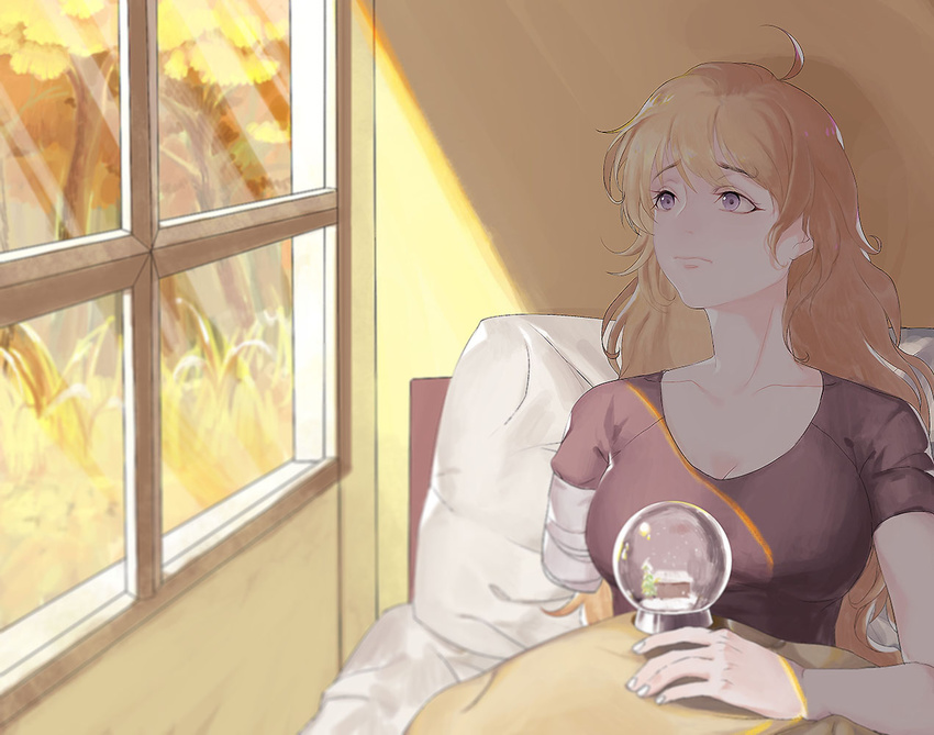 ahoge amputee bad_id bad_pixiv_id bandages blonde_hair breasts cleavage gloria_(84568750) grass large_breasts light_rays long_hair pillow purple_eyes rwby shirt snow_globe solo spoilers t-shirt tree under_covers window yang_xiao_long