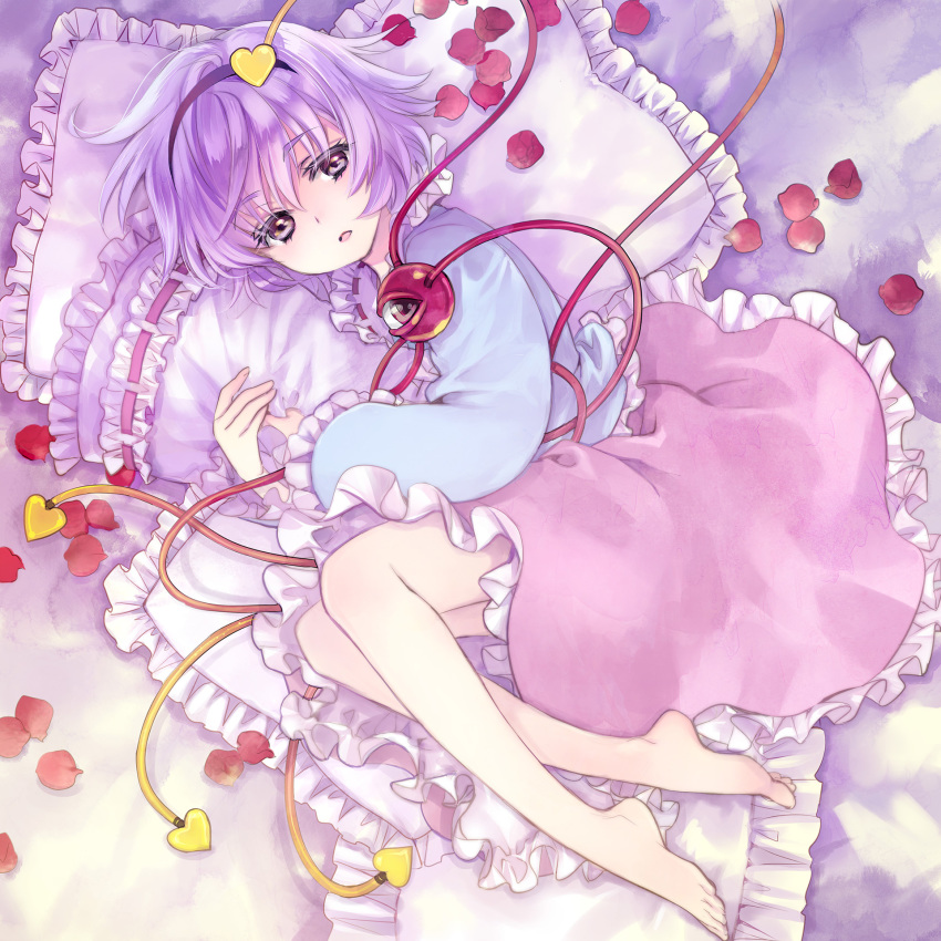1girl barefoot bed blouse blue_blouse expressionless eyeball fetal_position frilled_pillow frilled_skirt frilled_sleeves frills from_above from_side full_body hair_ornament hairband heart heart_hair_ornament highres indoors komeiji_satori kuramoto_kaya long_sleeves looking_at_viewer lying on_side open_mouth petals pillow pillow_hug pink_skirt purple_eyes purple_hair ribbon_trim rose_petals short_hair skirt solo third_eye touhou