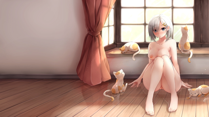 animal barefoot blue_eyes breasts cat curtains eyes_visible_through_hair glowing hair_ornament hair_over_one_eye hairclip hamakaze_(kantai_collection) highres kantai_collection large_breasts light nicoby nipples nude pussy reflection short_hair silver_hair sitting solo window wooden_floor