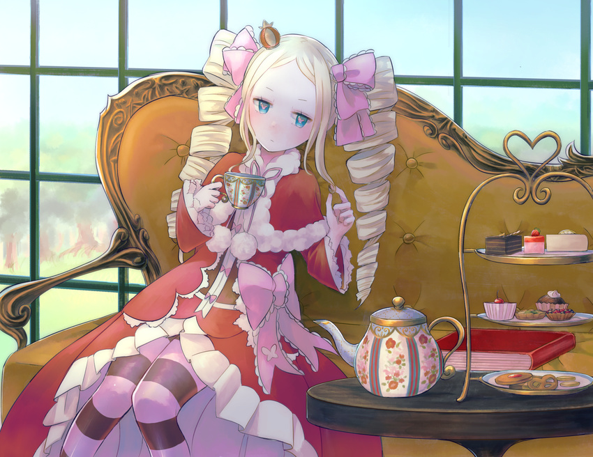 :/ bangs beatrice_(re:zero) blonde_hair blue_eyes blush book bow cake capelet closed_mouth cookie couch crown cup cupcake dress drill_hair floral_print food frilled_dress frills fur_trim hair_ribbon hair_twirling holding holding_cup knees_together_feet_apart leaning_to_the_side long_hair long_sleeves mini_crown pabo pantyhose parted_bangs pink_ribbon plate pom_pom_(clothes) pretzel re:zero_kara_hajimeru_isekai_seikatsu red_dress ribbon sitting slice_of_cake solo striped striped_legwear sweets symbol-shaped_pupils table tart_(food) teacup teapot tiered_tray tree twin_drills window