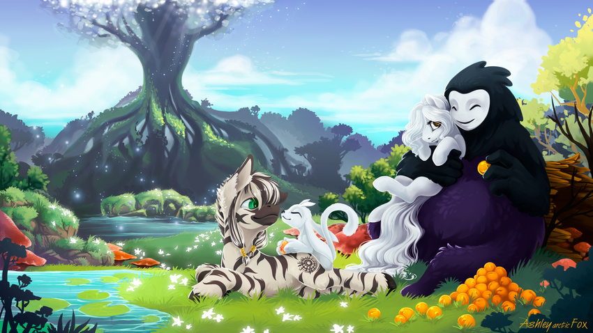 ashley-arctic-fox creek cutie_mark day detailed_background equine eyes_closed fan_character female feral fur grass green_eyes grey_fur group hair hooves hug lying male mammal my_little_pony naru_(ori_and_the_blind_forest) nude ori ori_and_the_blind_forest outside sitting striped_fur stripes white_fur white_hair zebra
