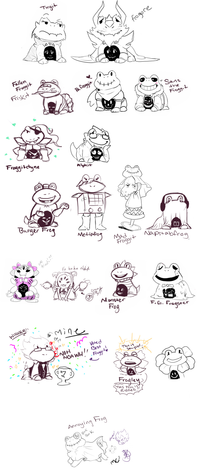 alphys annoying_dog_(undertale) asgore_dreemurr black_and_white clothed clothing english_text eye_patch eyes_closed eyewear flower flowey_the_flower froggit gaster glasses grillby group happy headphones mad_dummy mettaton mnstrcndy monochrome monster_kid muffet napstablook nervous papyrus_(undertale) plant protagonist_(undertale) pyramidheaddezby sans_(undertale) simple_background stick text toriel undertale undyne veil video_games