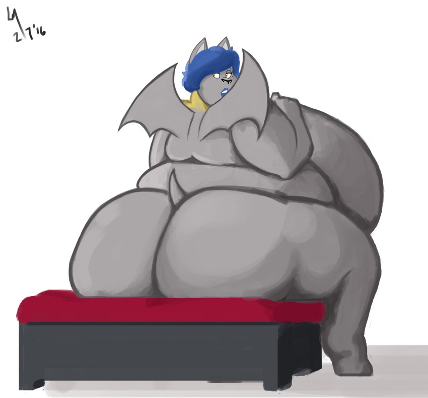 2016 bat big_breasts big_butt blue_hair breasts butt female hair huge_breasts huge_butt invalid_tag ladiesman217 looking_back mammal nude overweight side_boob simple_background sitting slightly_chubby white_background