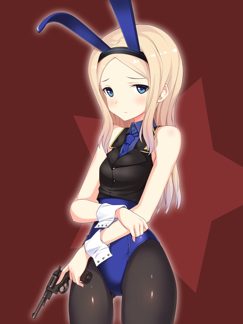 a9b_(louis814) aleksandra_i_pokryshkin animal_ears black_legwear blonde_hair blue_eyes brave_witches bunny_ears bunnysuit crop_top fake_animal_ears gun highres leotard long_hair necktie pantyhose shirt sleeveless solo vest weapon world_witches_series wrist_cuffs