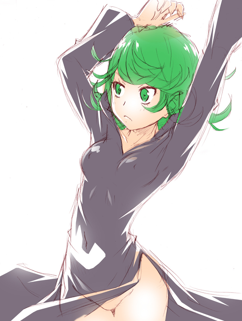 arms_up black_dress breasts covered_navel covered_nipples dress green_eyes green_hair highres ngo no_panties one-punch_man short_hair simple_background sketch small_breasts solo tatsumaki white_background