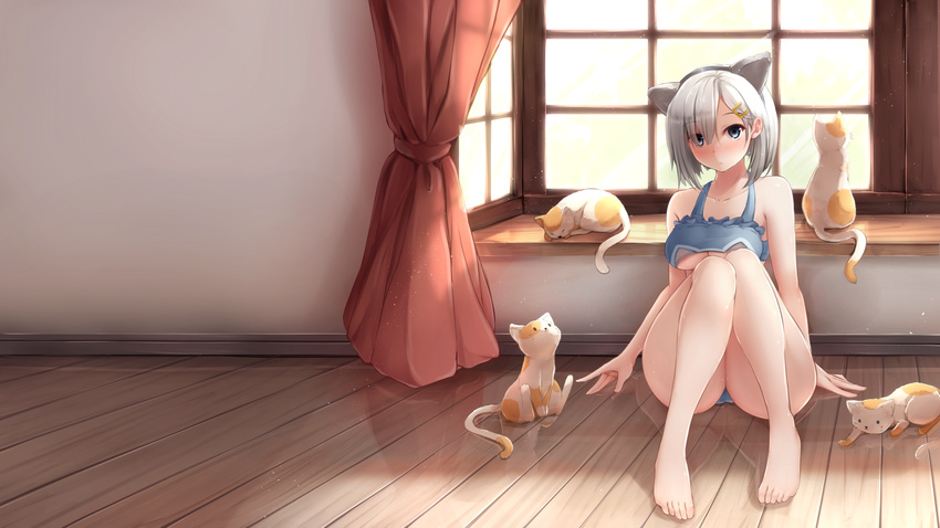 animal animal_ears barefoot blue_eyes breasts cat cat_ears cat_lingerie curtains eyes_visible_through_hair fake_animal_ears feet glowing hair_ornament hair_over_one_eye hairclip hamakaze_(kantai_collection) headband highres indoors kantai_collection large_breasts light meme_attire nicoby reflection short_hair silver_hair sitting solo toes window wooden_floor