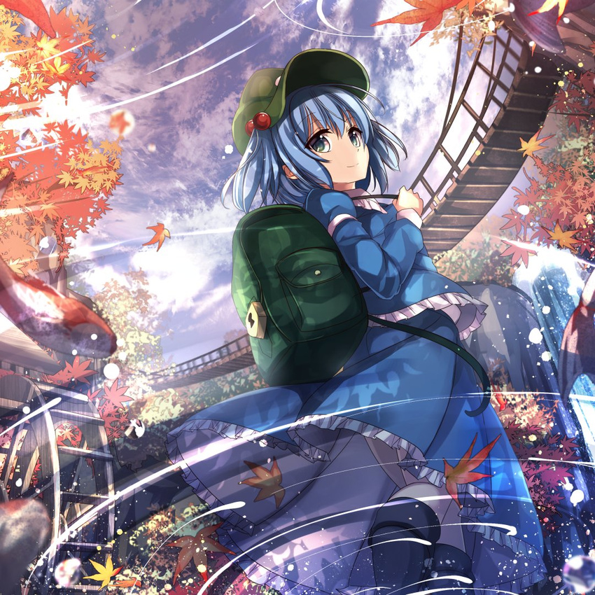 album_cover architecture autumn_leaves backpack bag black_footwear blue_eyes blue_hair blue_shirt blue_skirt boots bridge closed_mouth commentary_request cover east_asian_architecture falling_leaves fish frilled_skirt frills from_below hair_bobbles hair_ornament hat janne_cherry juliet_sleeves kawashiro_nitori koi leaf long_sleeves looking_at_viewer maple_leaf puffy_sleeves ripples rope_bridge shirt short_hair skirt skirt_set smile solo touhou two_side_up water waterfall watermill