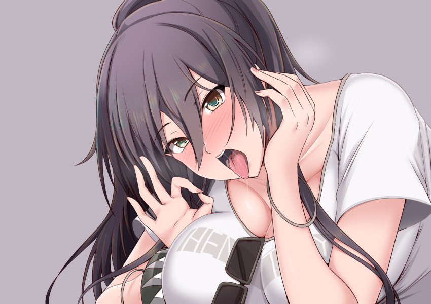 1girl blush breasts brown_eyes cleavage collarbone drooling eyebrows_visible_through_hair fellatio_gesture full-face_blush grey_background hair_between_eyes highres idolmaster idolmaster_shiny_colors large_breasts long_hair looking_at_viewer moo_yoshio ponytail round_teeth saliva saliva_trail shirase_sakuya shirt sidelocks sunglasses teeth tongue tongue_out upper_body white_shirt