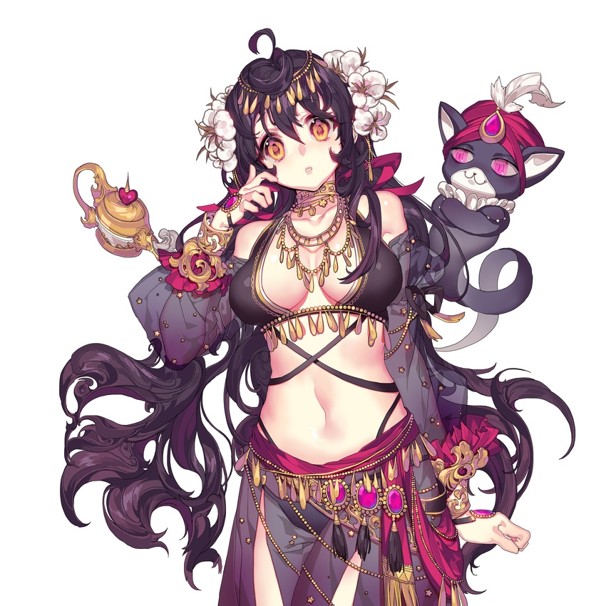 :3 :o absurdres ahoge arabian_clothes bangs bikini black_bikini black_cat black_hair breasts breasts_apart cat cleavage collarbone cowboy_shot cross-laced_clothes crossed_arms detached_sleeves flower gem genie hair_between_eyes hair_flower hair_ornament hand_up harem_pants head_tilt heart highres jewelry lamp long_hair looking_at_viewer medium_breasts navel neck_ring necklace official_art pants parted_lips pika_(kai9464) pink_eyes pompadour ribbon sash see-through smoke solo standing swimsuit turban uchi_no_hime-sama_ga_ichiban_kawaii very_long_hair white_background yellow_eyes yumemi_(uchi_no_hime-sama)