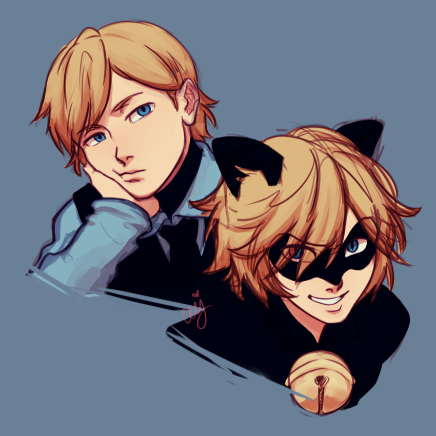 1boy animal_ears bell blonde_hair blue_background blue_eyes cat_ears ceejles chat_noir domino_mask dual_persona felix_(miraculous_ladybug) grin hand_on_own_cheek highres lips looking_at_viewer male_focus mask miraculous_ladybug necktie signature simple_background smile