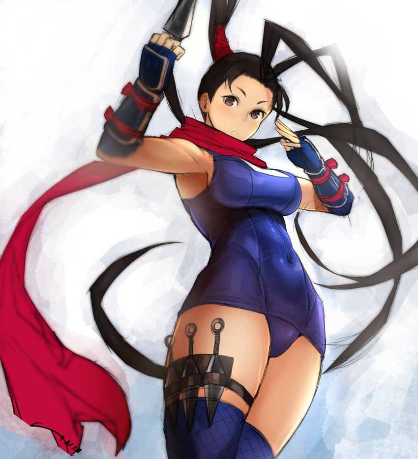 alternate_costume antenna_hair arm_guards armpits black_hair breasts fingerless_gloves fishnet_legwear fishnets gloves high_ponytail highres ibuki_(street_fighter) kunai long_hair medium_breasts navel nishiide_kengorou one-piece_swimsuit ponytail scarf school_swimsuit solo street_fighter street_fighter_v swimsuit thigh_strap thighhighs weapon