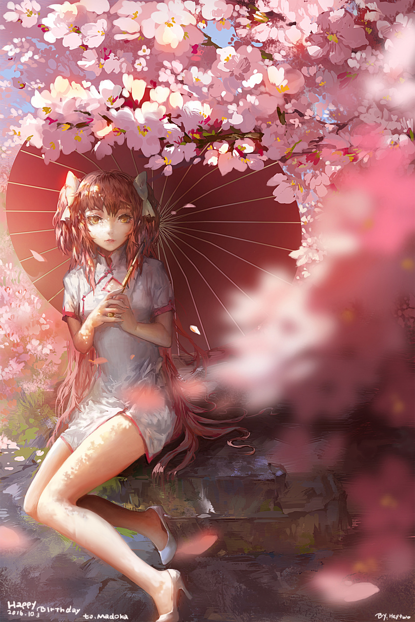 2016 argyle_cutout artist_name bangs bare_arms bare_legs blackrabbitsoul blurry bow character_name cherry_blossoms china_dress chinese_clothes dated day depth_of_field dress english eyelashes flower hair_bow happy_birthday high_heels highres holding holding_umbrella kaname_madoka long_hair looking_at_viewer looking_away looking_to_the_side mahou_shoujo_madoka_magica nail_polish oriental_umbrella own_hands_together parted_lips petals pink pink_flower pink_hair pink_lips pink_nails shade shoes short_sleeves sitting sky tree two_side_up ultimate_madoka umbrella very_long_hair white_bow white_dress white_footwear yellow_eyes