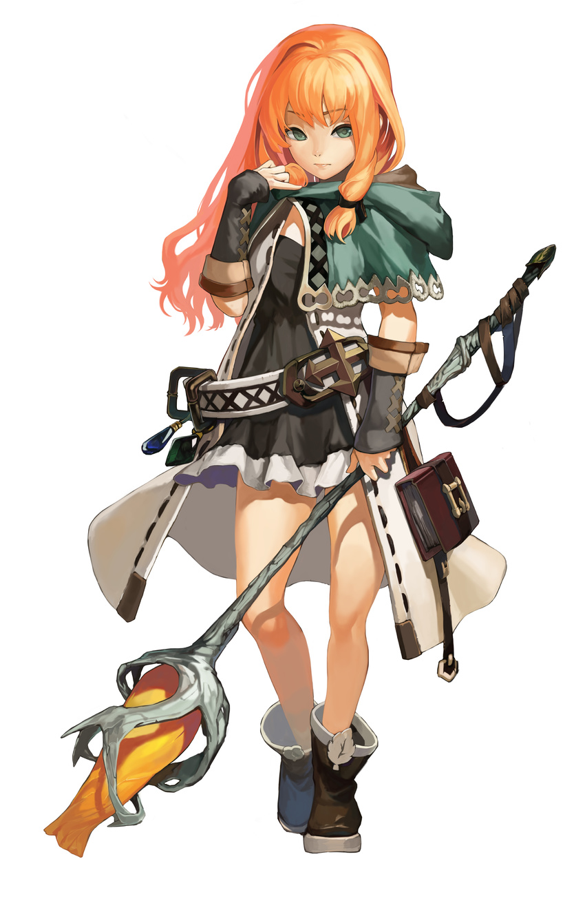 absurdres belt boots cape dress green_eyes hair_ribbon highres long_hair orange_hair original pouch ribbon simple_background solo soojie_roh staff white_background