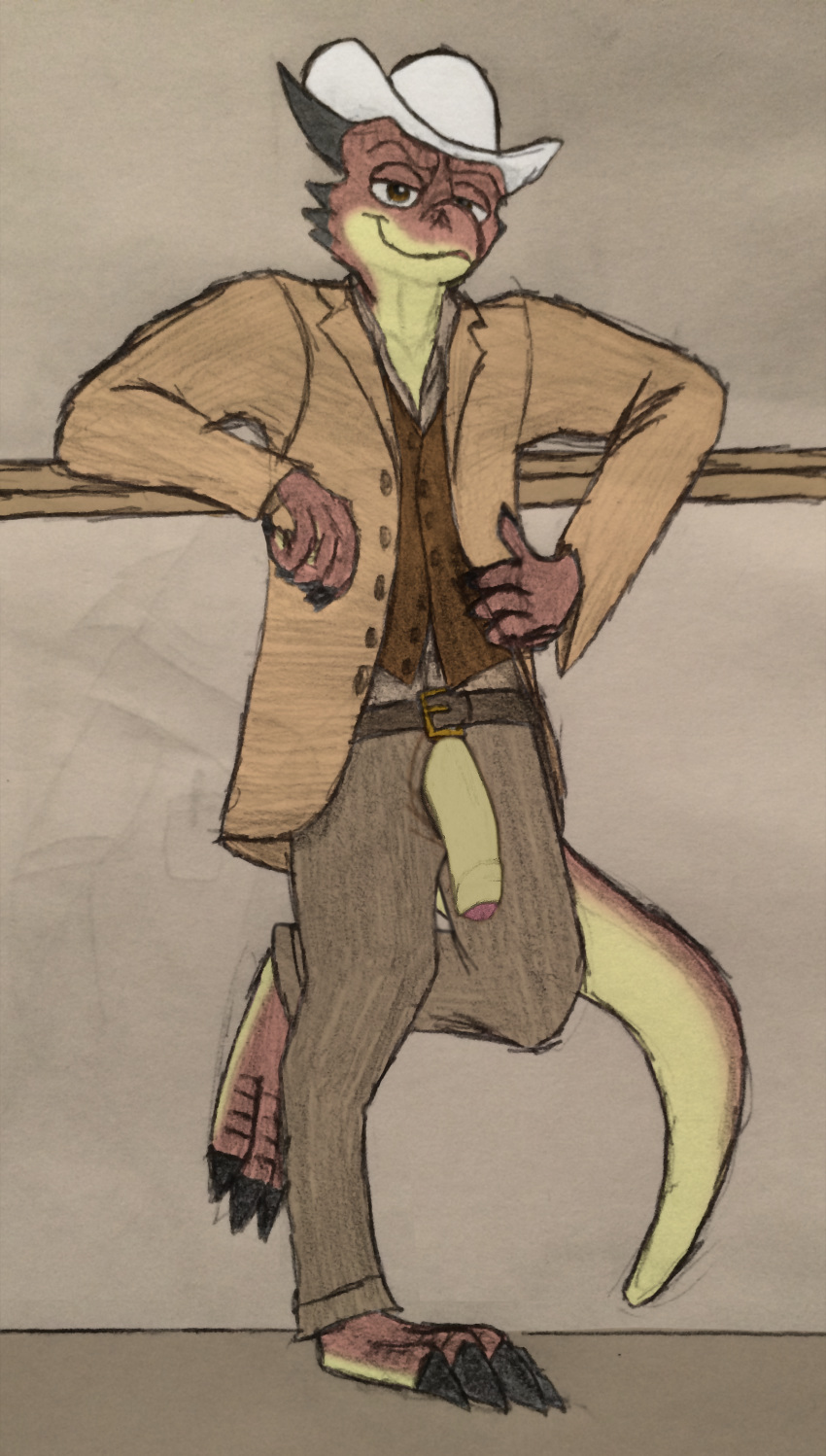 2018 4_toes anthro artemis_lamphuth_(character) barefoot belt big_penis biped claws clothed clothing cowboy_hat dragonborn dress_shirt dungeons_&amp;_dragons feet foreskin full-length_portrait half-erect hat hi_res horn humanoid_penis jacket leaning_on_wall long_penis looking_at_viewer male matydraws_(artist) pants partially_retracted_foreskin penis penis_through_fly poking_out portrait scales scalie shirt simple_background smile smirk smug solo standing toes uncut vest