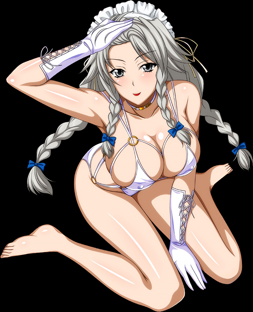 1girl breasts cleavage grayfia_lucifuge grey_eyes grey_hair high_school_dxd large_breasts lipstick long_hair milf sitting smile solo