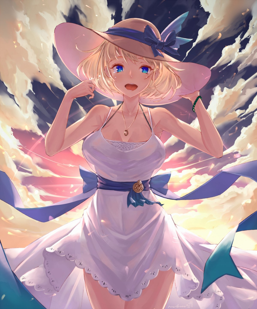 blonde_hair blue_eyes blush breasts cloud dress hand_on_headwear hat hat_ribbon highres jewelry large_breasts looking_at_viewer nadare-san_(nadare3nwm) open_mouth original pendant ribbon short_hair sky smile solo sun_hat sundress white_dress