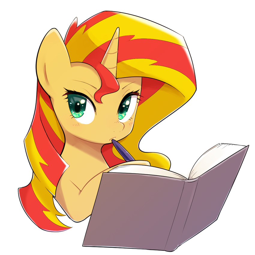 2016 30clock blush book equestria_girls equine female hair horn looking_at_viewer mammal multicolored_hair my_little_pony pen simple_background solo sunset_shimmer_(eg) two_tone_hair unicorn white_background