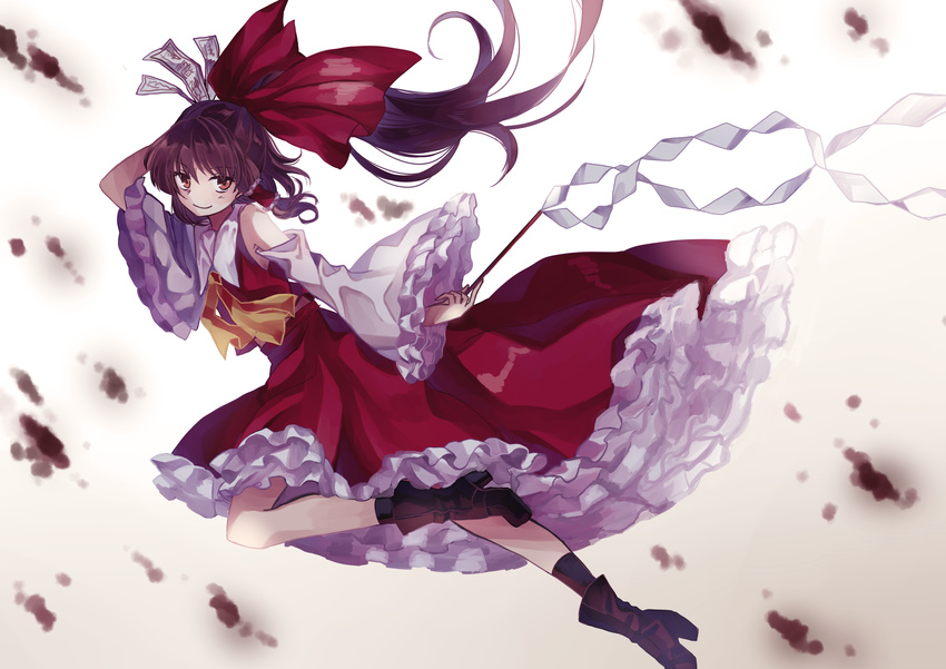 absurdres ascot bare_shoulders black_footwear black_hair blush boots bow brown_eyes brown_hair closed_mouth commentary_request detached_sleeves frilled_skirt frilled_sleeves frills from_side full_body gohei hair_bow hair_tubes hakurei_reimu high_heel_boots high_heels highres japanese_clothes long_hair long_sleeves looking_at_viewer looking_to_the_side miko miyakure ofuda ponytail red_bow red_shirt red_skirt ribbon-trimmed_sleeves ribbon_trim shirt skirt skirt_set smile solo touhou wide_sleeves