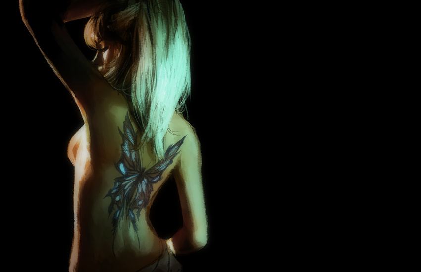 absurdres arm_up blonde_hair breasts closed_eyes contrapposto dominique_royal from_behind gerald_parel highres holding holding_hair light medium_breasts realistic sideboob solo space_adventure_cobra standing tattoo topless upper_body