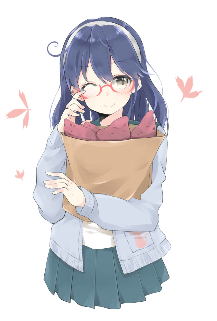 ;) animal_print bag bangs blue_hair blush brown_eyes cardigan cat_print closed_mouth food glasses headband highres kantai_collection leaf_print long_hair long_sleeves looking_at_viewer no_legs one_eye_closed open_cardigan open_clothes paper_bag pleated_skirt semi-rimless_eyewear simple_background skirt smile solo standing sweet_potato tomo_futoshi upper_body ushio_(kantai_collection) white_background