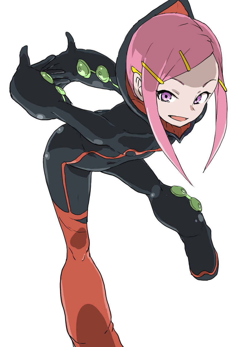 absurdres anemone_(eureka_seven) arms_behind_back bodysuit eureka_seven eureka_seven_(series) hair_ornament hairclip highres leaning_forward looking_at_viewer open_mouth pilot_suit pink_hair purple_eyes sidelocks simple_background smile solo stretch white_background yamamoto_souichirou