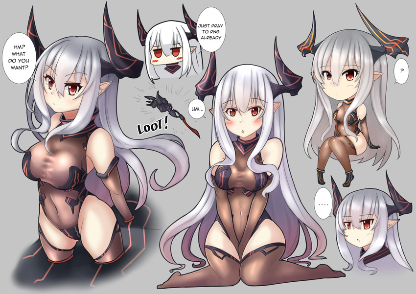:&lt; :o ? arms_behind_back bangs between_legs black_gloves blush borrowed_character breasts brown_legwear chestnut_mouth chibi closed_mouth colo_mag-chan colossus_(granblue_fantasy) detached_sleeves draph english eyebrows eyebrows_visible_through_hair gloves granblue_fantasy grey_background hair_between_eyes horns kuronekozero leotard long_hair long_sleeves medium_breasts multiple_views open_mouth original piloting pointy_ears red_eyes sitting speech_bubble spoken_question_mark staff taut_leotard thighhighs tsurime turtleneck upper_body v_arms white_hair