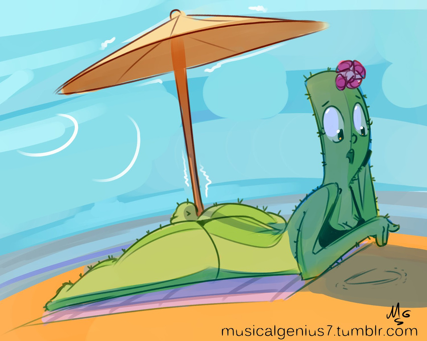 beach bikini bra breasts butt cactus clothing dasha dasha_the_cactus flora_fauna flower humanoid lying musikalgenius plant sand sea seaside strings swimsuit umbrella underwear water