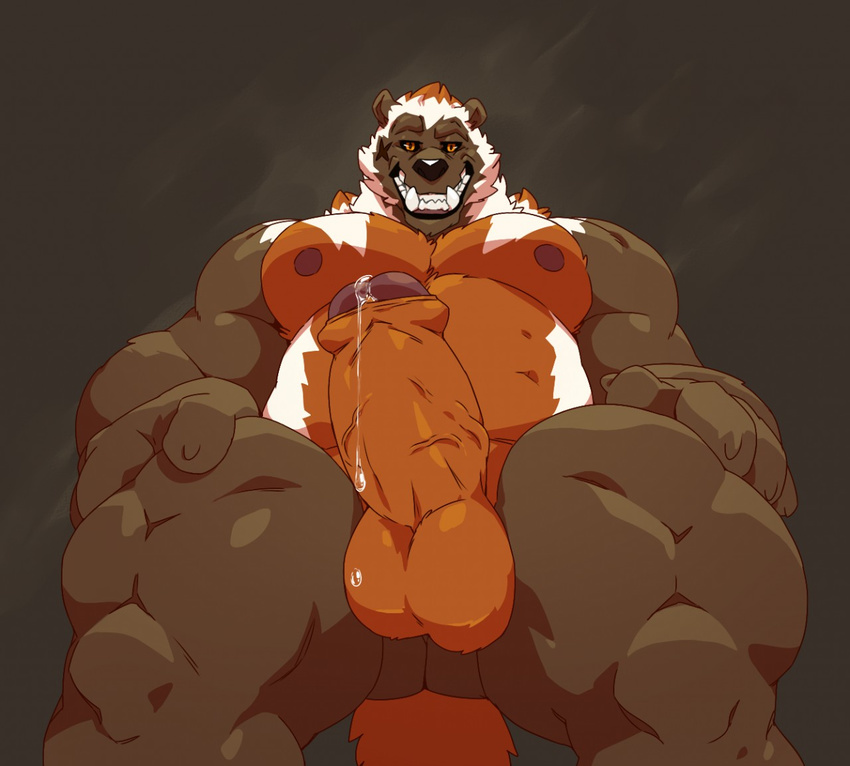 anthro balls biceps big_biceps big_muscles big_penis brown_eyes claws clenched_teeth cum cum_on_penis cum_on_self erection front_view fur hand_on_leg hi_res huge_penis humanoid_penis looking_at_viewer low-angle_view male mammal manly multicolored_fur muscular muscular_male mustelid nipples partially_retracted_foreskin pecs penis pose precum scar simple_background solo standing taoren teeth thick_penis uncut vein veiny_penis white_eyes wolverine