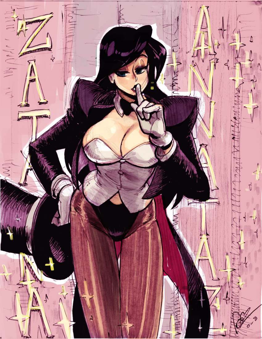 1girl alex_ahad black_hair bow bowtie breasts character_name cleavage dc_comics detached_collar finger_to_mouth gloves hat highres looking_at_viewer magician pantyhose shushing solo top_hat white_gloves zatanna_zatara