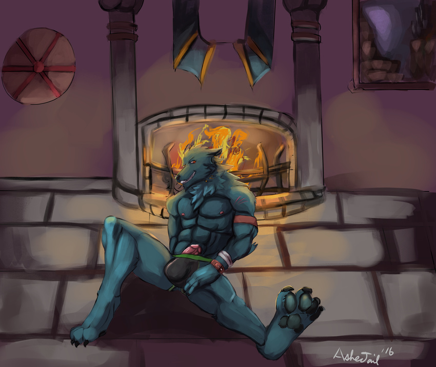 4_toes ashertail canine claws clothing fireplace jockstrap killer_instinct male mammal muscular muscular_male painting pawpads penis sabrewulf shield toes underwear were werewolf wolf