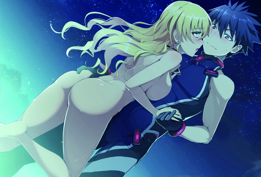 1boy 1girl absurdres ass ass_grab bare_shoulders barefoot black_hair blonde_hair blue_eyes bodysuit breast_press breasts choker claire_harvey clothed_male_nude_female couple drill_hair dutch_angle earrings eye_contact gloves hand_holding hetero highres hundred jewelry kisaragi_hayato large_breasts long_hair looking_at_another night nude ookuma_(nitroplus) scan sideboob star_(sky) sweatdrop