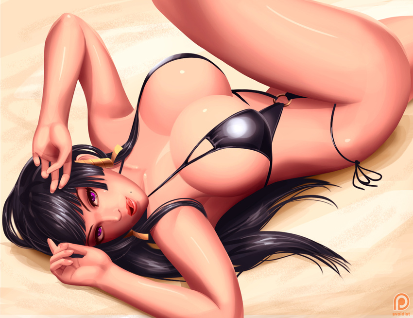 bikini black_bikini black_hair breasts cleavage commentary dead_or_alive dead_or_alive_5 from_side hands hime_cut large_breasts licking_lips long_hair looking_at_viewer looking_to_the_side lying mole mole_under_mouth naughty_face nyotengu o-ring o-ring_bikini on_back patreon_logo patreon_username purple_eyes sand shiny shiny_skin side-tie_bikini solo svoidist swimsuit thighs tongue tongue_out
