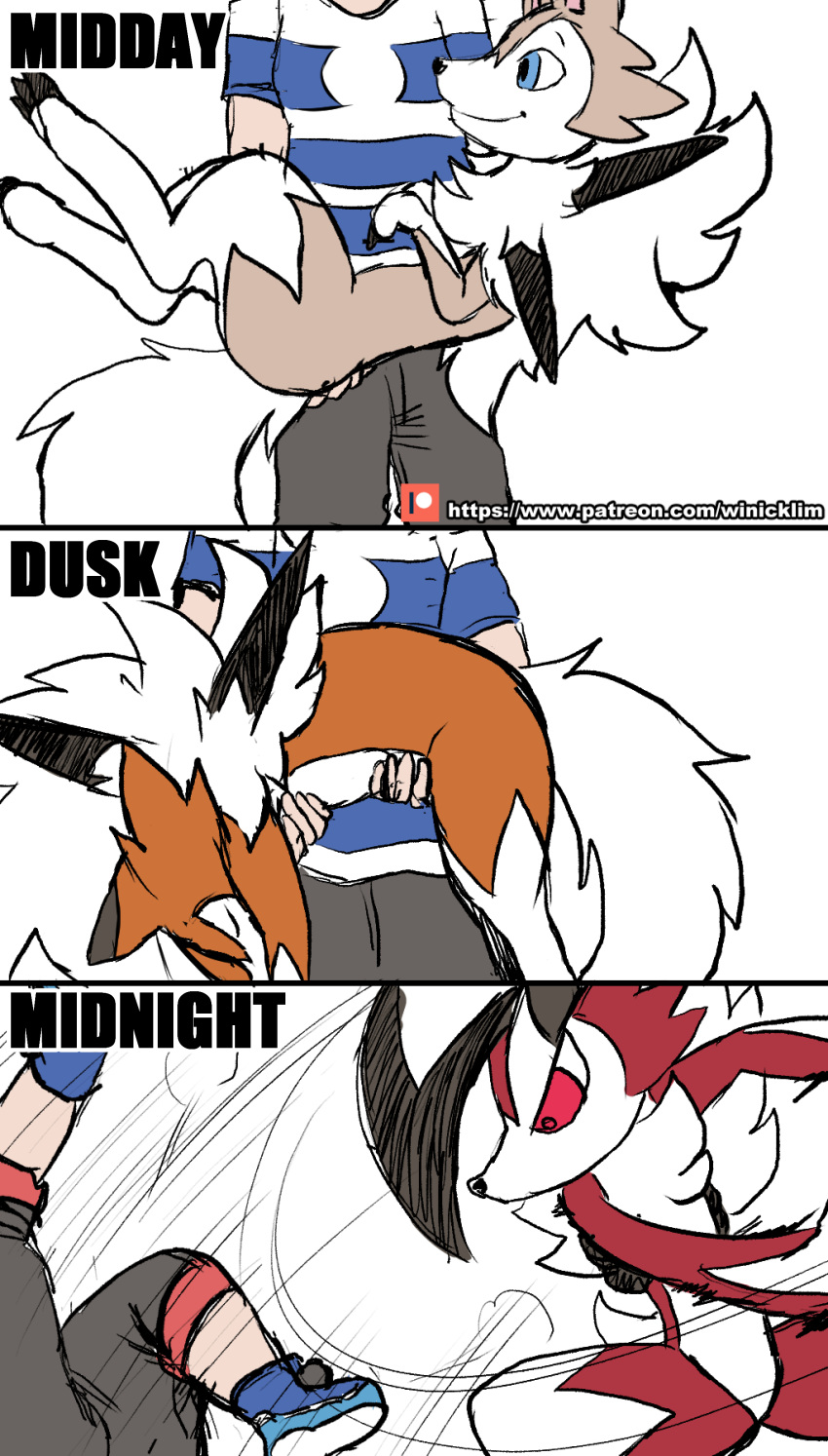 ambiguous_gender angry anthro blue_eyes canine claws comic dusk_lycanroc feral fur happy holding_character human humor lycanroc male mammal midday_lycanroc midnight_lycanroc nintendo orange_fur pok&eacute;mon pok&eacute;mon_(species) red_eyes red_fur smile video_games white_fur winick-lim