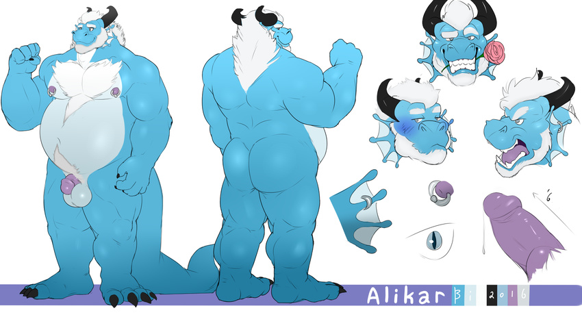 2016 4_toes 5_fingers alikar angry anthro beard biceps bin_(artist) black_nose blue_balls blue_scales blue_tail blush body_hair butt chest_hair claws color_swatch countershading digital_media_(artwork) dragon ear_fins erection expressions facial_hair fin fin_piercing flaccid flower furgonomics furry-specific_piercing grey_eyes hair hi_res horn looking_at_viewer male model_sheet musclegut muscular muscular_male nipple_piercing nipples nude open_mouth pecs penis piercing plant plantigrade precum purple_nipples purple_penis rose scales scalie simple_background slit_pupils smile smirk solo teeth toe_claws toes white_background white_hair