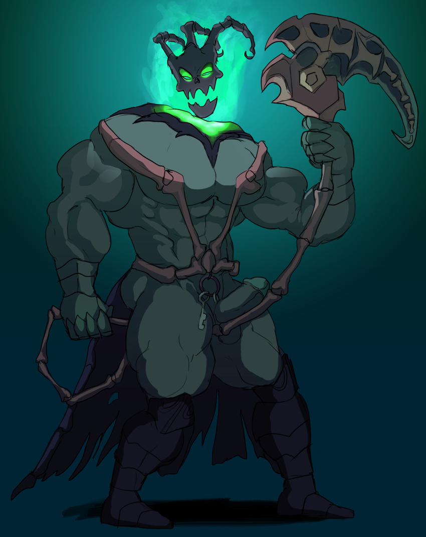 balls digital_drawing_(artwork) digital_media_(artwork) erection fire front_view full-length_portrait ghost green_background green_body green_fire green_penis holding_object holding_weapon hook humanoid hyper hyper_muscles key league_of_legends male mask mostly_nude muscular muscular_male penis portrait sarah_borrows simple_background skull spectre spirit standing thick_penis thresh undead video_games weapon
