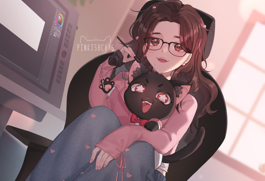 1girl :d absurdres animal animal_on_lap arm_on_knee artist_glove artist_name artist_self-insert black-framed_eyewear black_cat black_gloves bright_pupils brown_eyes brown_hair cat cat_on_lap clothed_animal commentary drawing_tablet earrings english_commentary eyes_visible_through_hair feet_out_of_frame forehead glasses gloves grey_pants hair_behind_ear hair_ornament hand_on_own_leg hand_up heart heart_earrings heart_hair_ornament heart_print highres holding holding_stylus indoors jewelry knees_up long_hair long_sleeves looking_at_viewer mole mole_under_mouth on_chair on_lap open_hand open_mouth original pants parted_hair pink_lips pink_nails pink_ribbon pink_shirt pinkishcats red_eyes ribbon shirt sidelighting signature single_glove sitting sleeve_ribbon sleeves_past_wrists smile solo star-shaped_pupils star_(symbol) stylus symbol-shaped_pupils teeth upper_teeth_only white_pupils window x_hair_ornament