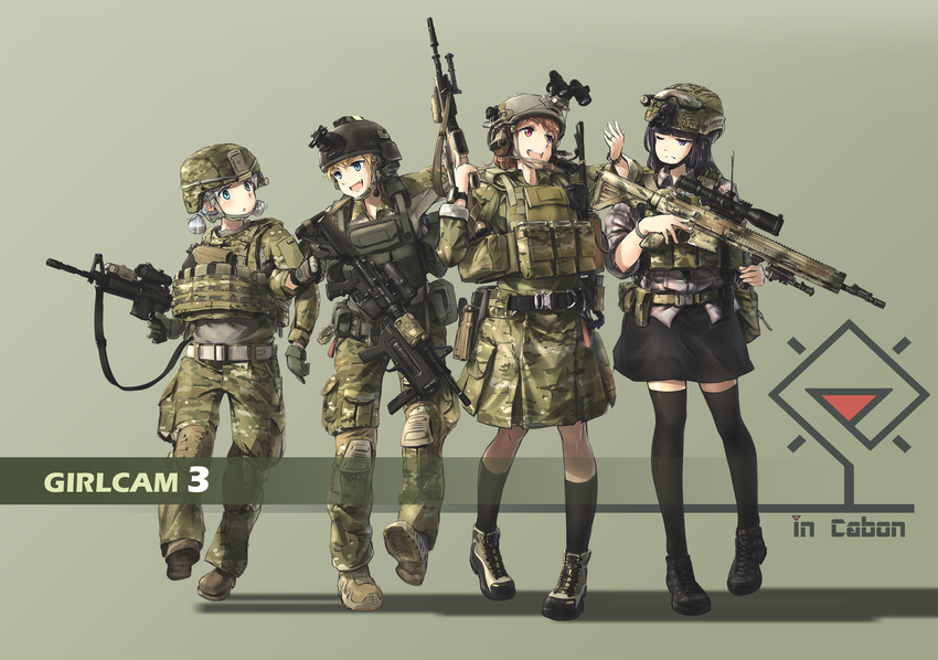 :d :o adapted_uniform belt black_hair blonde_hair blue_eyes brown_eyes brown_hair gloves goggles gun helmet highres holding holding_gun holding_weapon holster kneehighs load_bearing_vest locked_arms long_hair military military_uniform multicam_(camo) multiple_girls night_vision_device one_eye_closed open_mouth original pouch purple_eyes rifle scope short_hair silver_hair skirt sling smile soldier tantu_(tc1995) thighhighs trigger_discipline uniform walking watch weapon wristwatch zettai_ryouiki