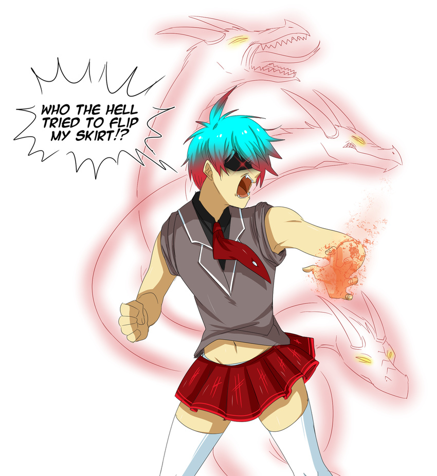 blue_hair clothed clothing crossdressing hair human legwear magic mammal red_hair school_uniform simple_background skirt stockings text trace_legacy twokinds uniform