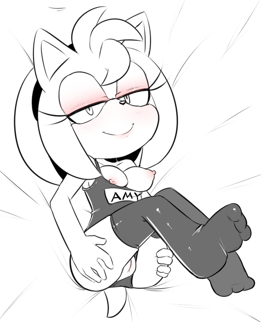 2016 amy_rose anthro areola bed bedroom_eyes big_breasts blush breasts butt clothing exposed_breasts female fur hair half-closed_eyes hearlesssoul hedgehog legwear looking_at_viewer lying mammal nipples on_back on_bed presenting presenting_hindquarters pussy seductive smile solo sonic_(series) spreading stockings swimsuit video_games