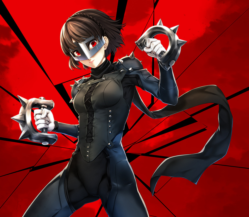 braid brass_knuckles brown_hair corset crack crown_braid highres infinote mask niijima_makoto persona persona_5 red_background red_eyes short_hair shoulder_armor solo spaulders spiked_knuckles weapon