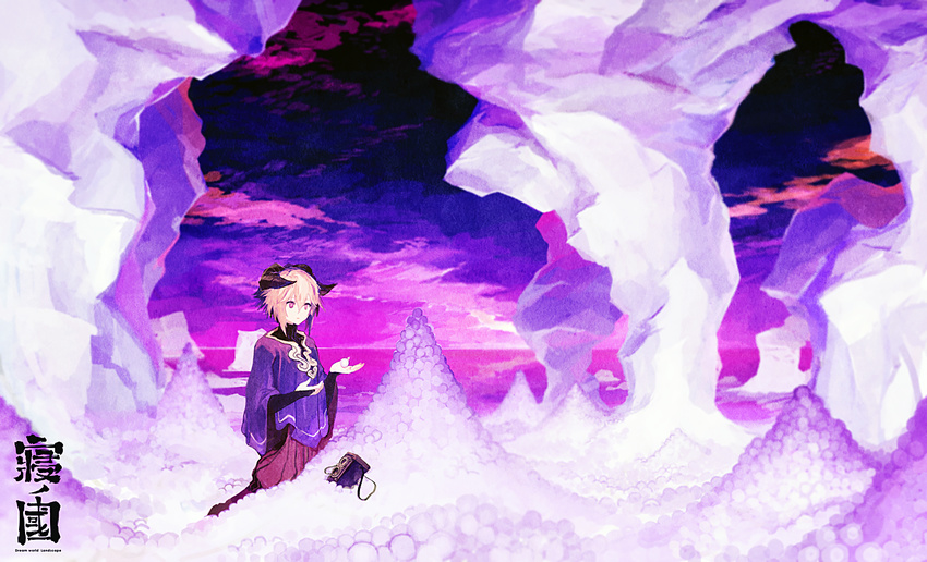 blonde_hair cloud horns kitsune_(kazenouta) kneeling landscape original purple red_eyes shawl solo watermark