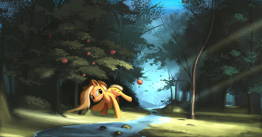 absurd_res apple applejack_(mlp) auroriia blonde_hair creek cutie_mark day equine female feral food forest friendship_is_magic fruit hair hat hi_res hooves mammal my_little_pony nude outside smile solo tree water yellow_eyes