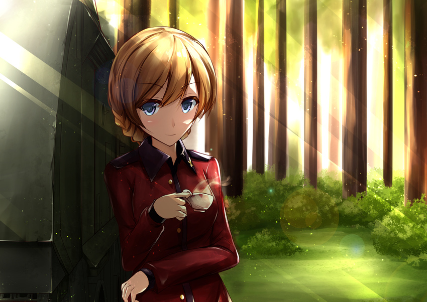 bangs blonde_hair blue_eyes braid churchill_(tank) cup darjeeling girls_und_panzer ground_vehicle highres holding jacket lens_flare light_smile long_sleeves looking_at_viewer military military_uniform military_vehicle motor_vehicle red_jacket ro_risu short_hair solo st._gloriana's_military_uniform standing tank teacup tied_hair twin_braids uniform upper_body