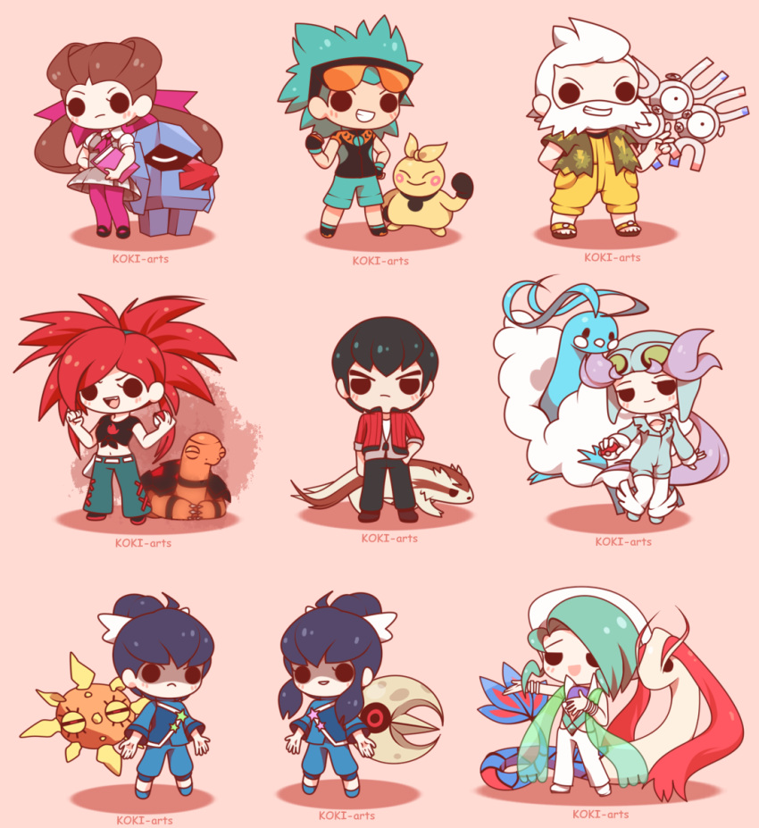 4girls 5boys :&lt; :d altaria aqua_hair artist_name aviator_cap beard black_footwear black_hair black_shirt blue_footwear blue_hat blue_pants blue_shirt blue_shorts book bow brawly_(pokemon) brother_and_sister brown_footwear brown_hair chibi clenched_hand closed_eyes closed_mouth commentary dress english_commentary eyewear_on_head facial_hair flame_print flannery_(pokemon) floating full_body goggles goggles_on_head green-tinted_eyewear green_jacket grey_dress hair_bow half-closed_eyes hand_in_pocket hand_on_own_hip hat highres holding holding_book holding_poke_ball jacket jumpsuit koki_arts linoone liza_(pokemon) long_hair lunatone magneton makuhita midriff milotic multiple_boys multiple_girls navel norman_(pokemon) nosepass open_clothes open_jacket open_mouth orange-tinted_eyewear pants pantyhose partially_shaded_face pink_background pink_bow pink_pantyhose poke_ball poke_ball_(basic) pokemon pokemon_(creature) pokemon_oras ponytail red_hair roxanne_(pokemon) sandals shirt short_hair shorts siblings simple_background smile solrock spiked_hair star_(symbol) sunglasses tate_(pokemon) teeth tinted_eyewear torkoal twintails upper_teeth_only v-shaped_eyebrows wallace_(pokemon) wattson_(pokemon) white_bow white_footwear white_hair white_hat white_pants winona_(pokemon) yellow_jumpsuit