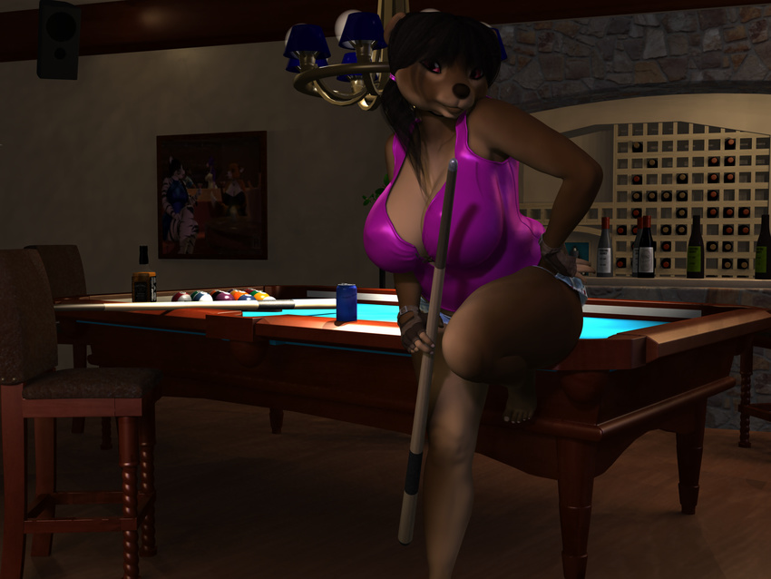 2016 3d_(artwork) alcohol anthro bear beverage big_breasts billiards black_hair blx24 bottle breasts brown_fur brown_nose can chair cleavage clothed clothing digital_media_(artwork) female fingerless_gloves fur gloves hair hi_res inside long_hair looking_away mammal photo red_eyes shirt shorts sitting solo standing thick_thighs whiskey